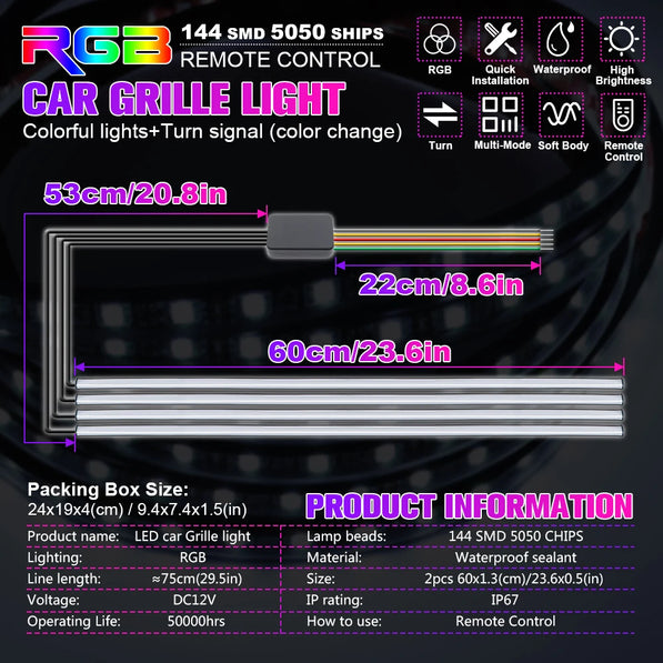 RGB car grille LED light strips 60cm 2