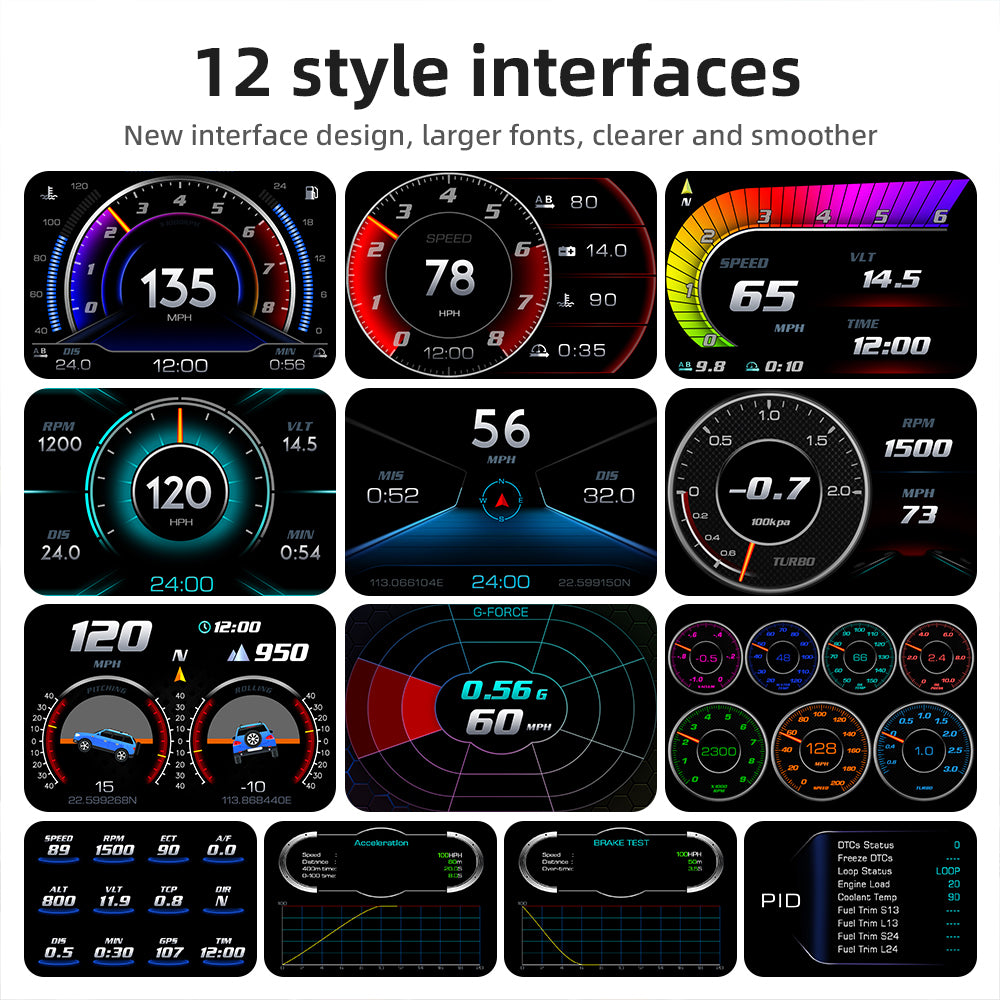 Head-Up Display with RPM, Turbo Boost and Fault Alerts, Plugs Into OBD Port