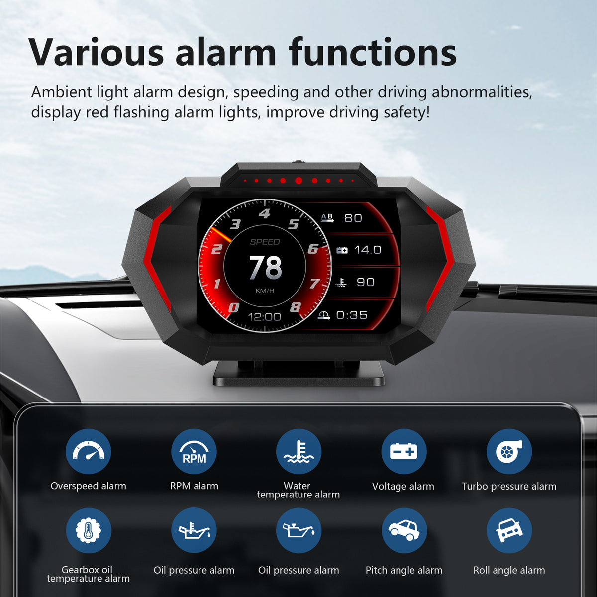Head-Up Display with RPM, Turbo Boost and Fault Alerts, Plugs Into OBD Port
