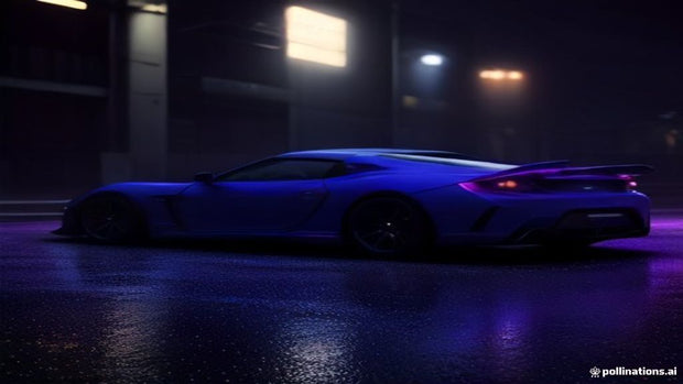 Car parked at night with purple and blue RGB underglow reflecting on wet asphalt