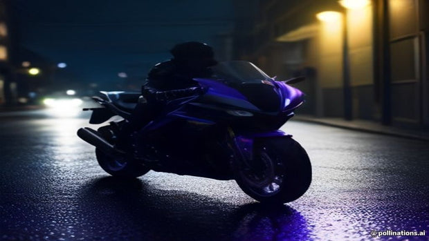 Motorcycle at night with purple RGB underglow reflecting on wet city street
